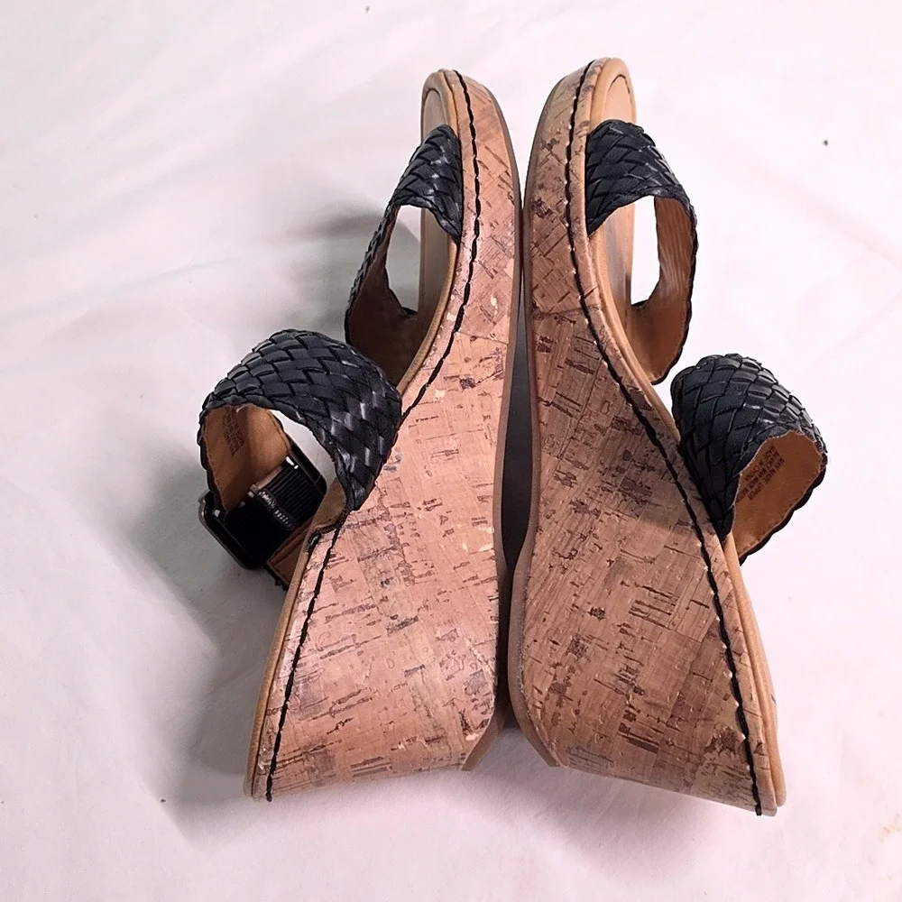 b.o.c. Wedge Sandals Womens 11 Black Woven Strappy Cork Platform Slip On Boho